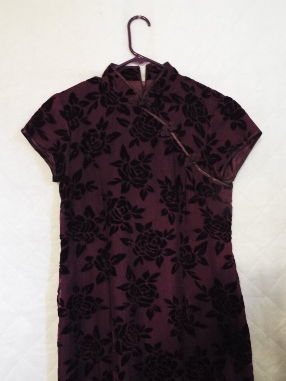 Robbie Bee Vintage Burgundy Velvet Floral Cheongsam Qipao Dress Size 10